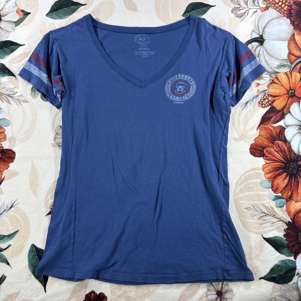 Chicago Cubs Womens Graphic Tee By 47 Brand MLB Baseball Navy V-Neck Large